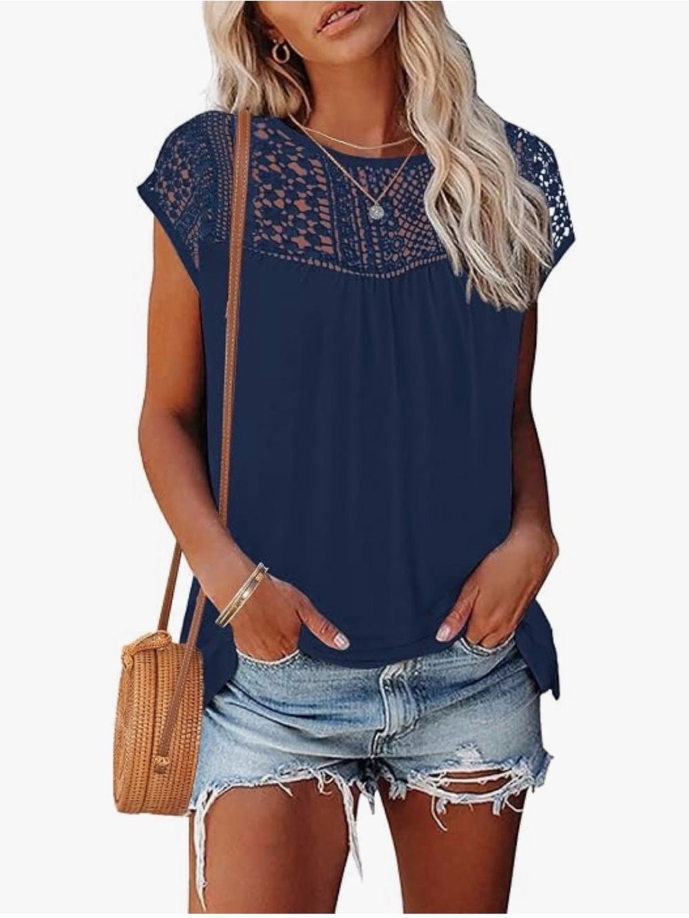 Navy Lace Yoke Short Sleeve Top
